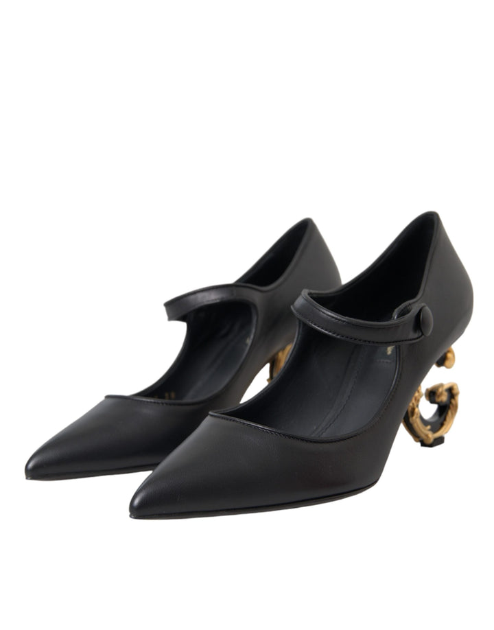 Women’s Dolce &amp; Gabbana Black Leather Logo Heels Mary Janes Pumps Shoes