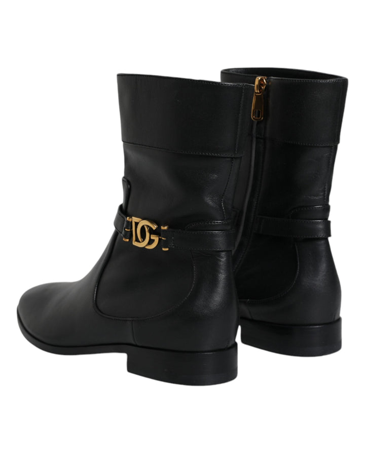 Women’s Dolce &amp; Gabbana Black Leather Logo Mid Calf Boots Shoes
