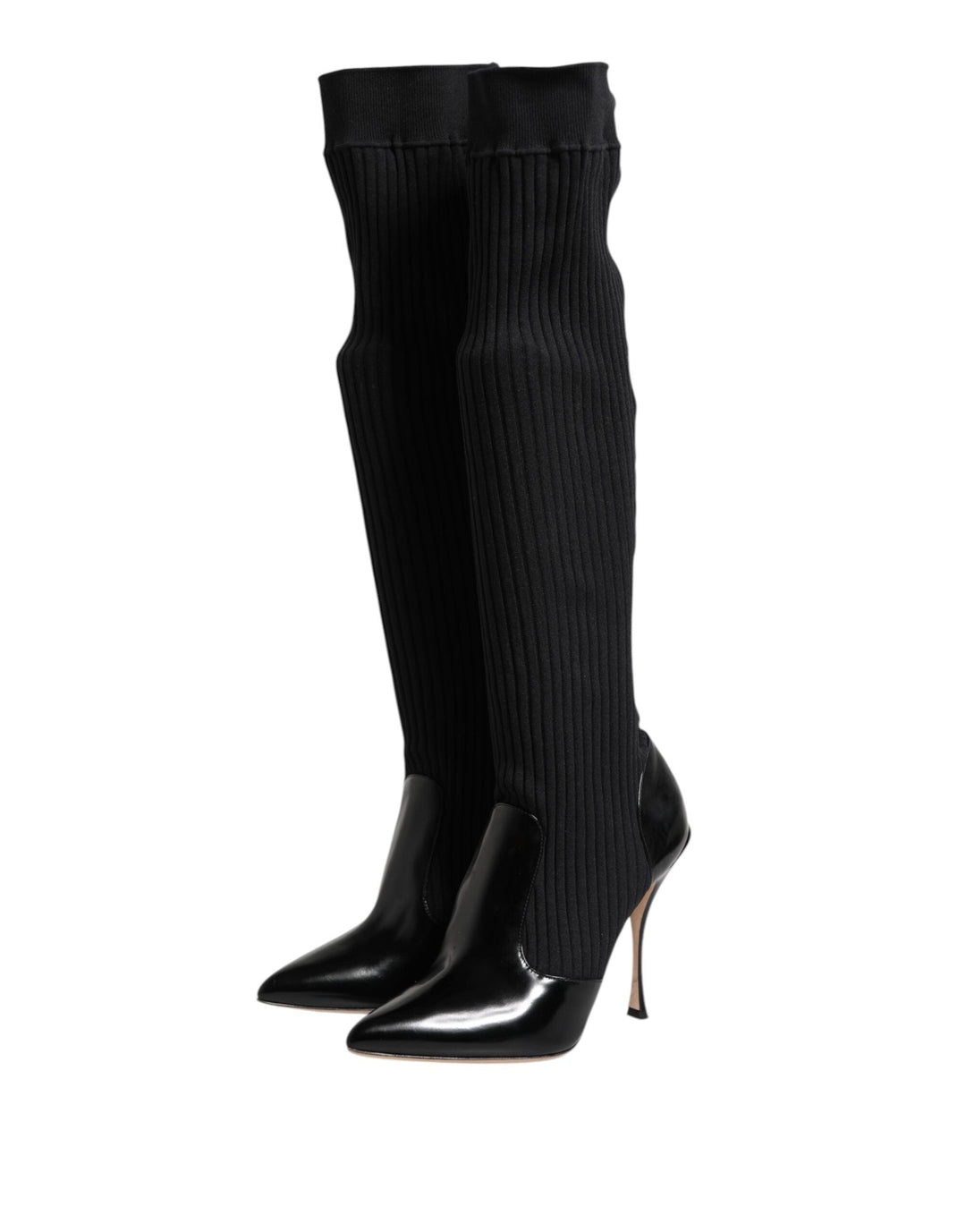 Dolce &amp; Gabbana Black Leather Ribbed Knit Knee Boots Shoes