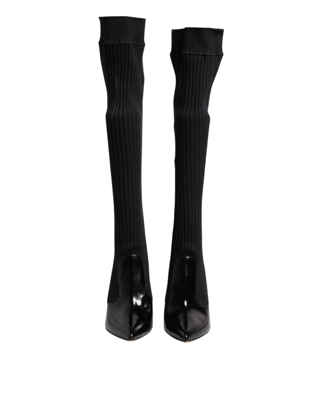 Dolce &amp; Gabbana Black Leather Ribbed Knit Knee Boots Shoes
