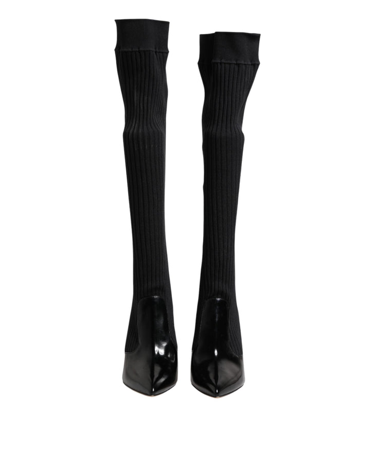 Dolce &amp; Gabbana Black Leather Ribbed Knit Knee Boots Shoes