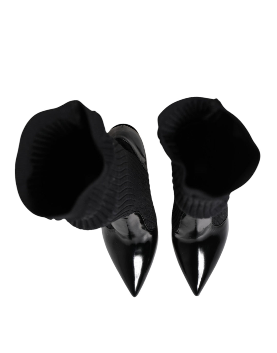 Dolce &amp; Gabbana Black Leather Ribbed Knit Knee Boots Shoes