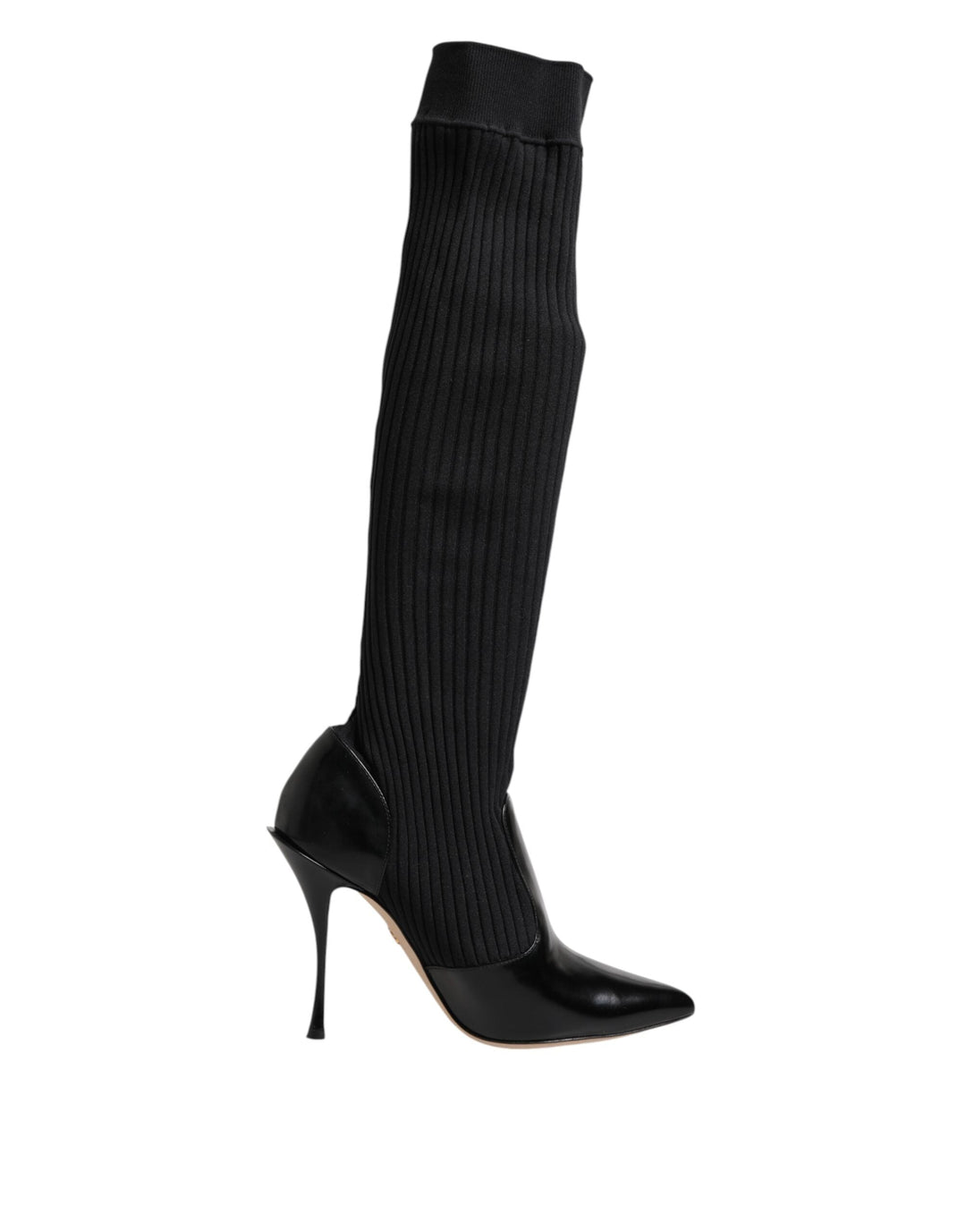 Dolce &amp; Gabbana Black Leather Ribbed Knit Knee Boots Shoes