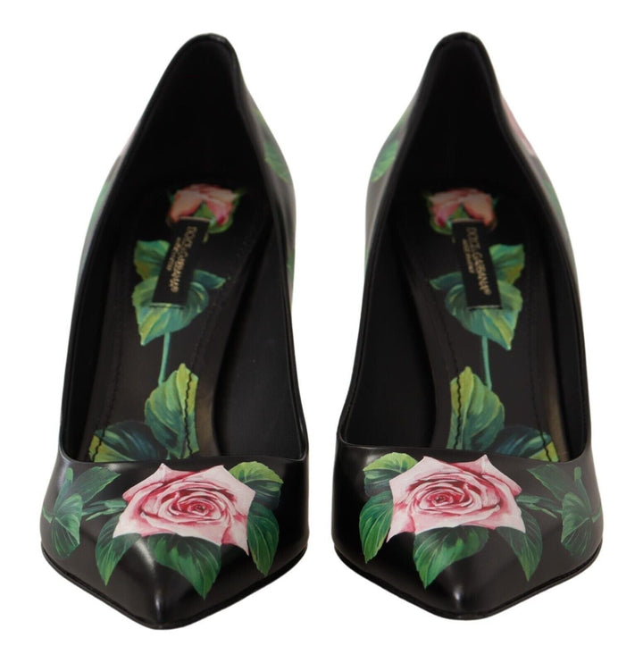 Women’s Dolce &amp; Gabbana Black Leather Roses High Heels Pumps Shoes