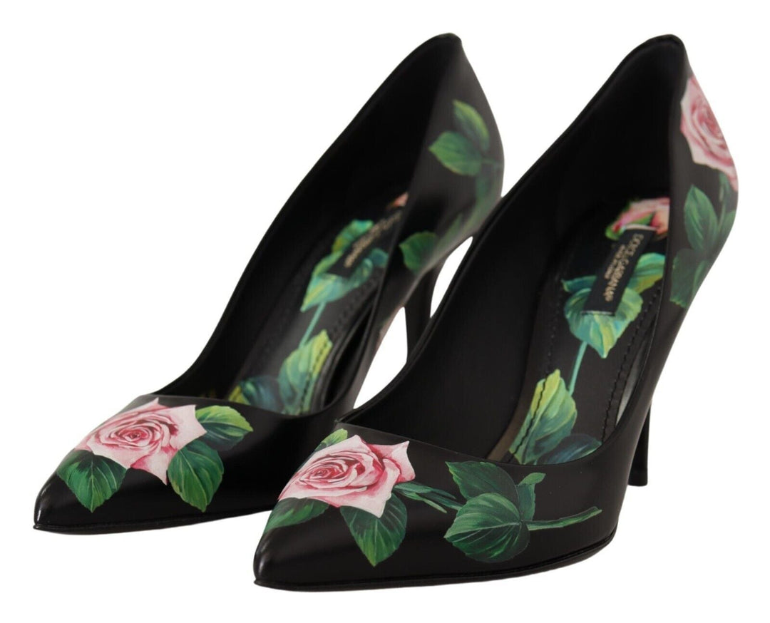 Women’s Dolce &amp; Gabbana Black Leather Roses High Heels Pumps Shoes