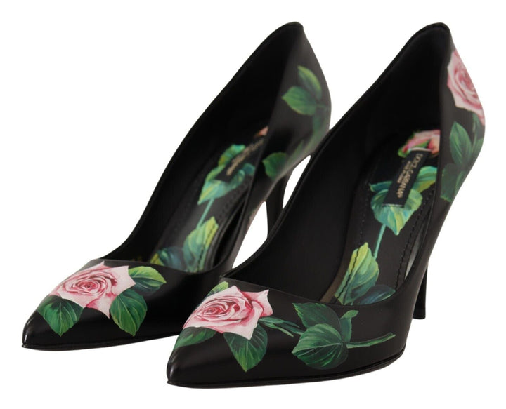 Women’s Dolce &amp; Gabbana Black Leather Roses High Heels Pumps Shoes