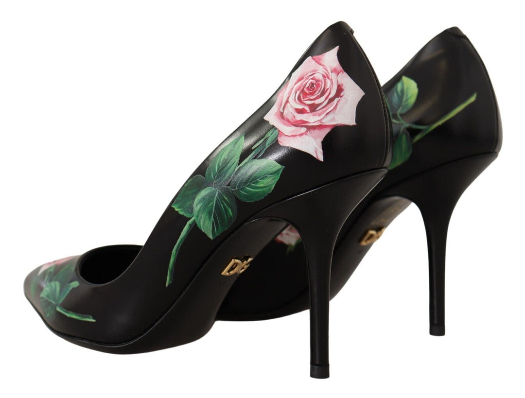 Women’s Dolce &amp; Gabbana Black Leather Roses High Heels Pumps Shoes