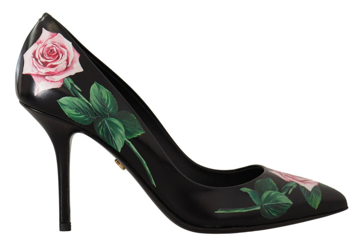 Women’s Dolce &amp; Gabbana Black Leather Roses High Heels Pumps Shoes