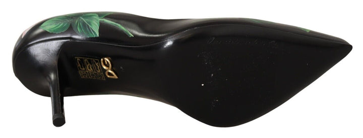 Women’s Dolce &amp; Gabbana Black Leather Roses High Heels Pumps Shoes