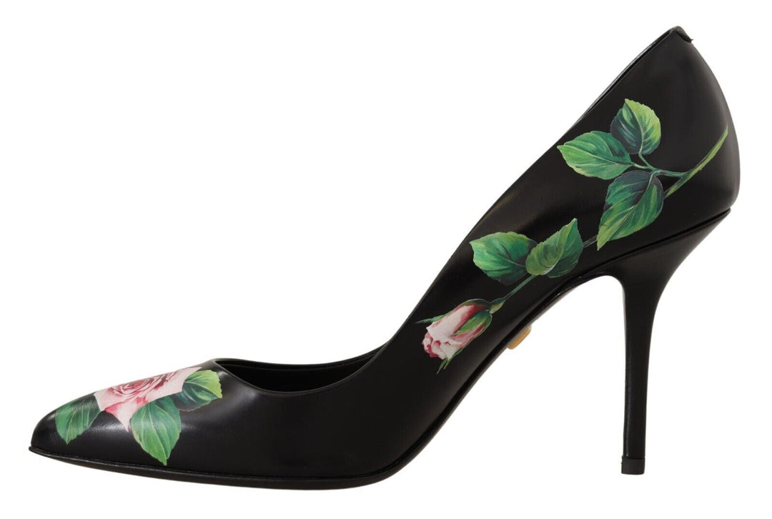 Women’s Dolce &amp; Gabbana Black Leather Roses High Heels Pumps Shoes