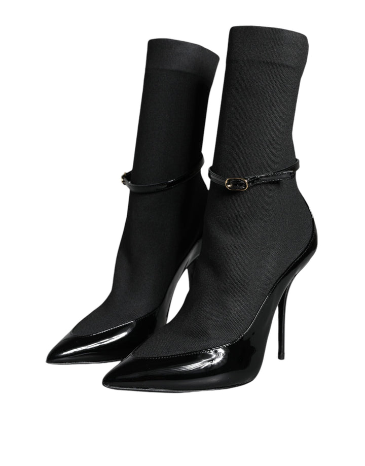 Women’s Dolce &amp; Gabbana Black Leather Stilettos Booties Socks Shoes
