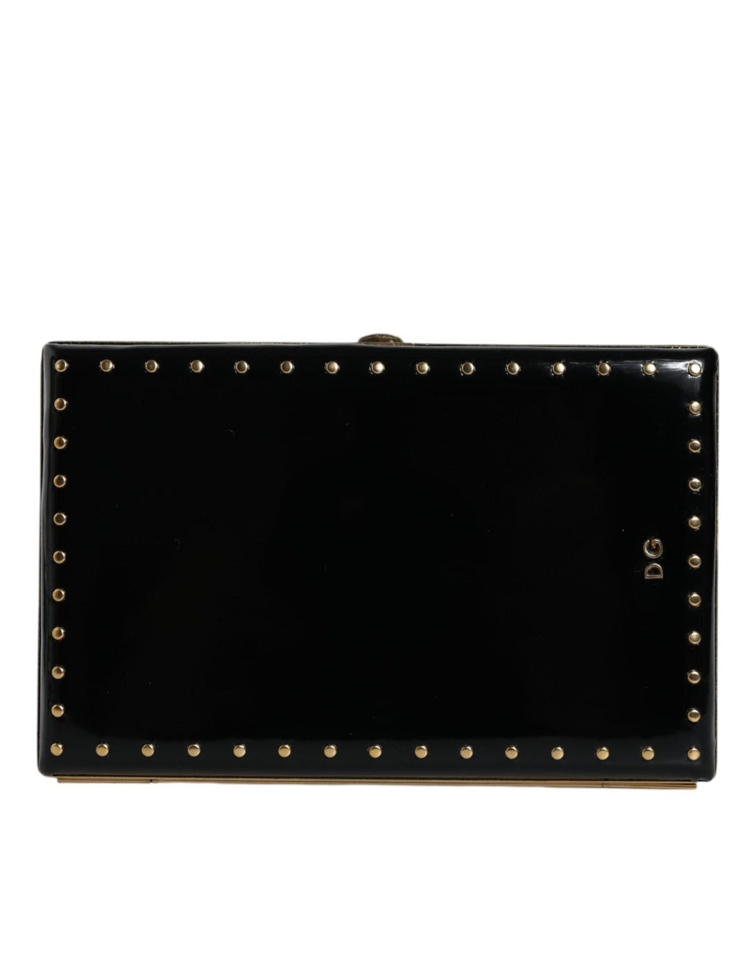 Women’s Dolce & Gabbana Black Leather Studs Gold Frame Clutch Evening Purse Bag