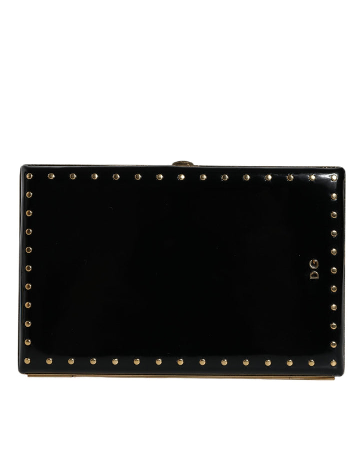 Women’s Dolce &amp; Gabbana Black Leather Studs Gold Frame Clutch Evening Purse Bag