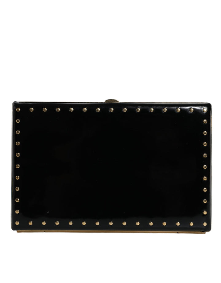 Women’s Dolce &amp; Gabbana Black Leather Studs Gold Frame Clutch Evening Purse Bag