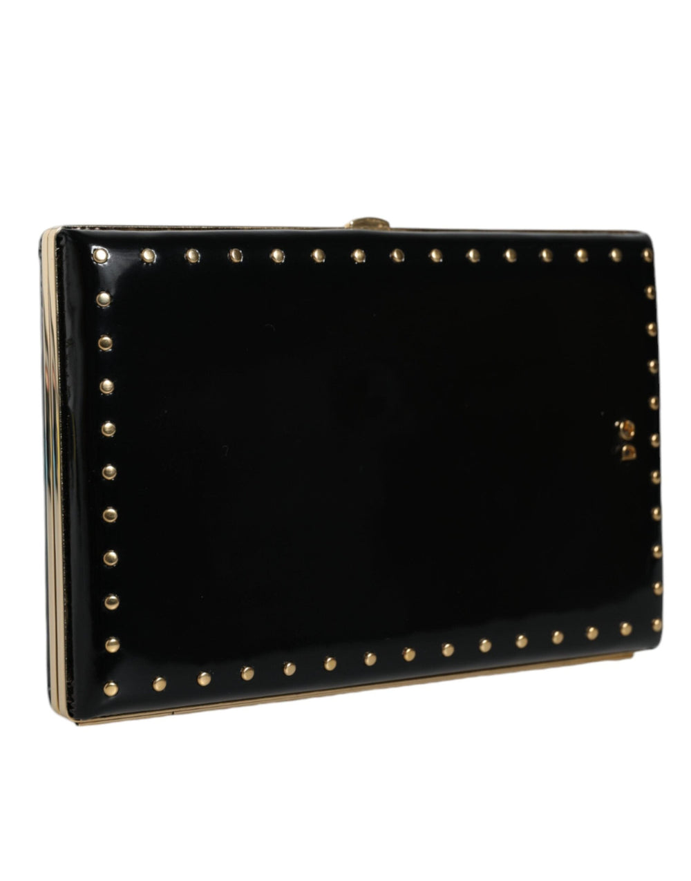 Women’s Dolce & Gabbana Black Leather Studs Gold Frame Clutch Evening Purse Bag