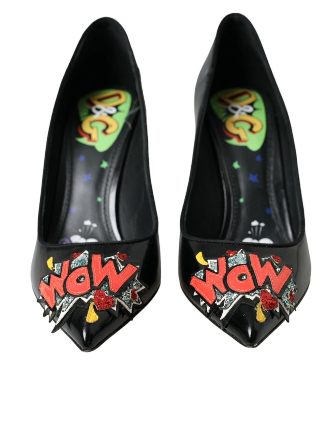 Women’s Dolce &amp; Gabbana Black Leather Wow Patch Heels Pumps Shoes