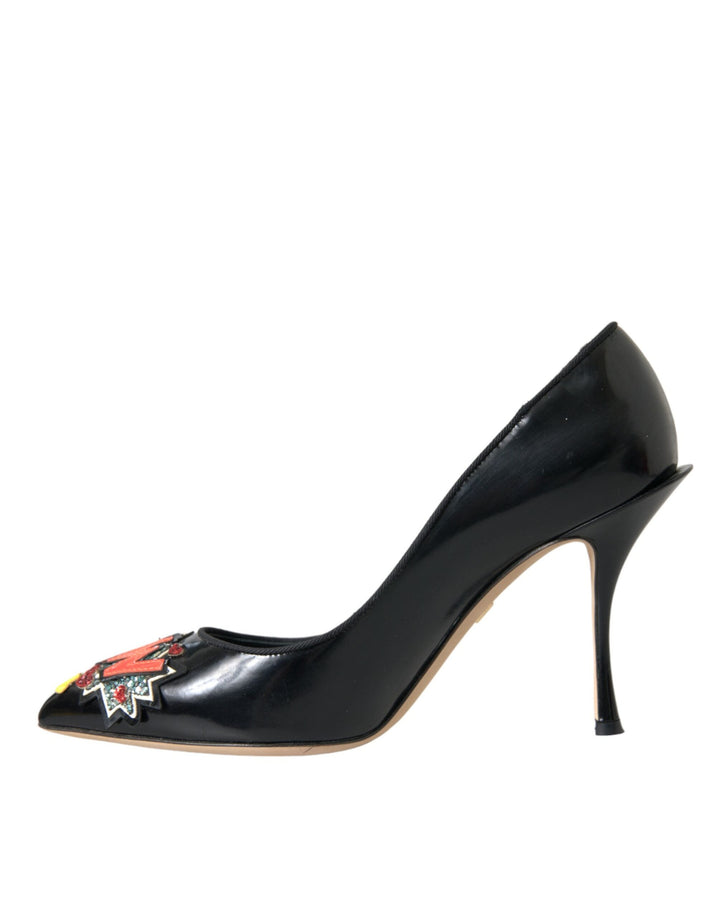 Women’s Dolce &amp; Gabbana Black Leather Wow Patch Heels Pumps Shoes