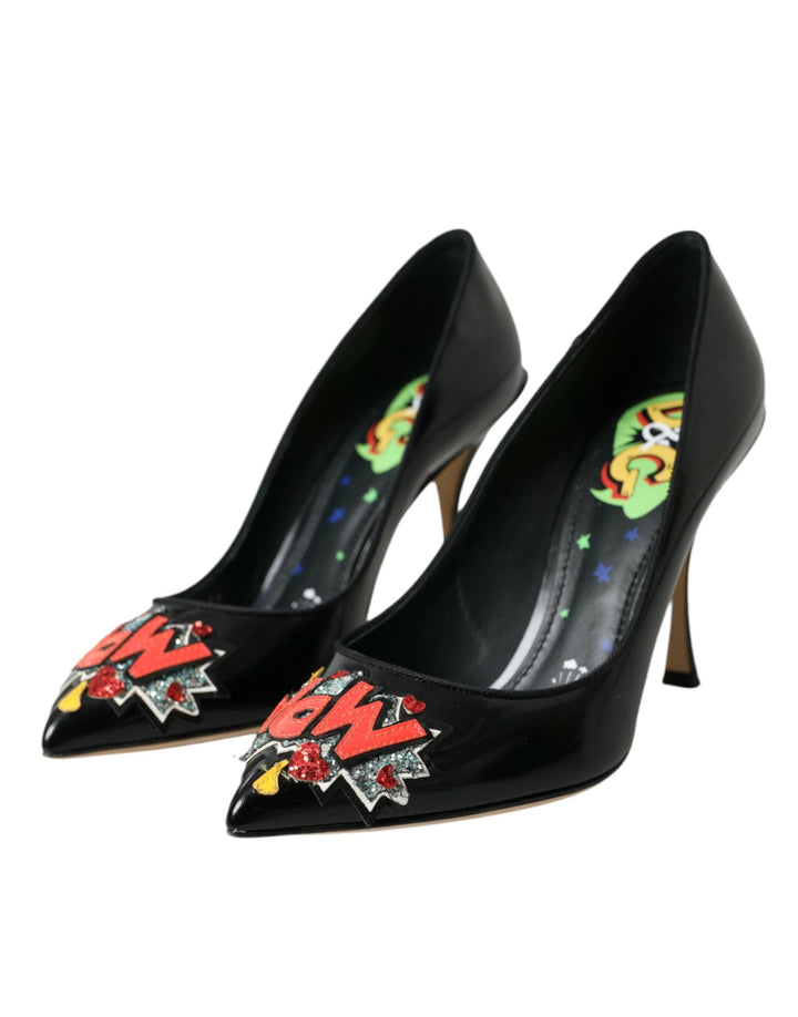 Women’s Dolce &amp; Gabbana Black Leather Wow Patch Heels Pumps Shoes