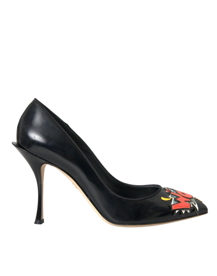 Women’s Dolce &amp; Gabbana Black Leather Wow Patch Heels Pumps Shoes