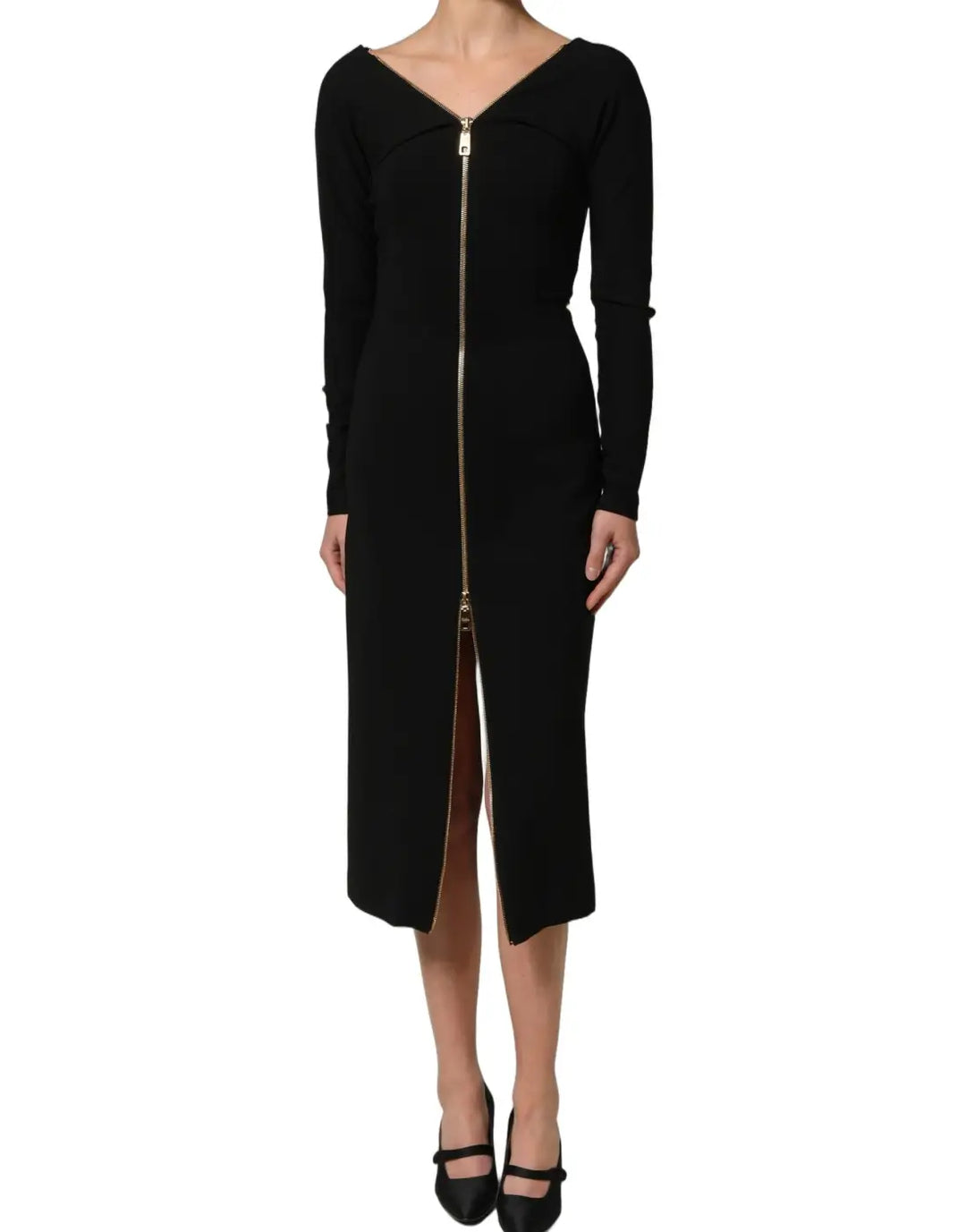 Women’s Dolce &amp; Gabbana Black Long Sleeves Front Zipper Midi Dress
