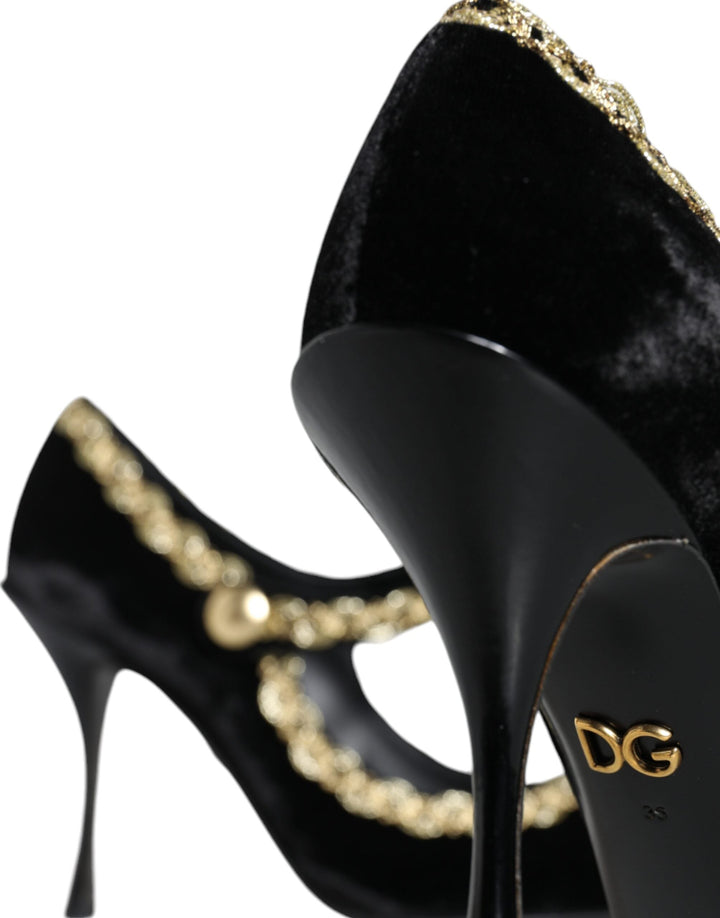 Women’s Dolce &amp; Gabbana Black Mary Janes Velvet Gold Pumps Shoes