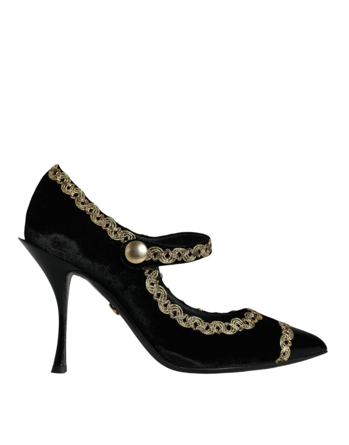 Women’s Dolce &amp; Gabbana Black Mary Janes Velvet Gold Pumps Shoes