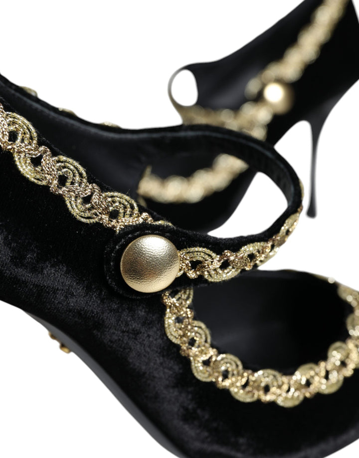 Women’s Dolce &amp; Gabbana Black Mary Janes Velvet Gold Pumps Shoes