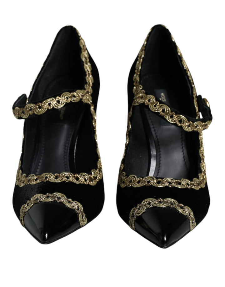 Women’s Dolce &amp; Gabbana Black Mary Janes Velvet Gold Pumps Shoes