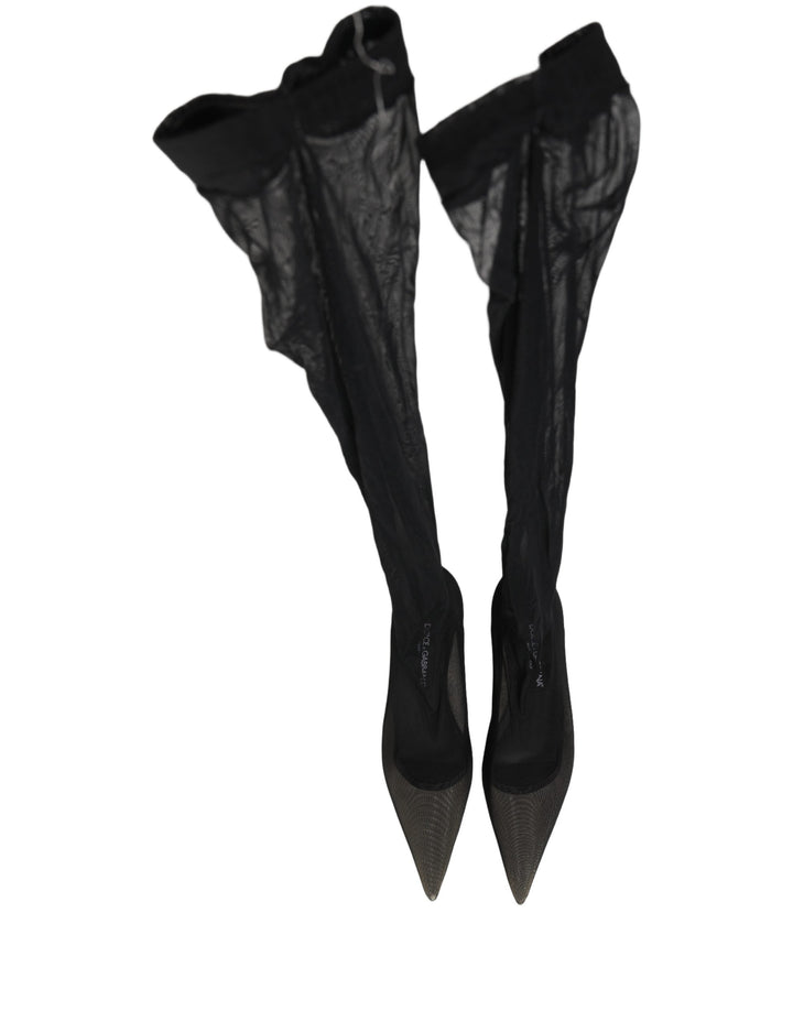 Women’s Dolce &amp; Gabbana Black Over the Knee Tulle Flats Boots Shoes