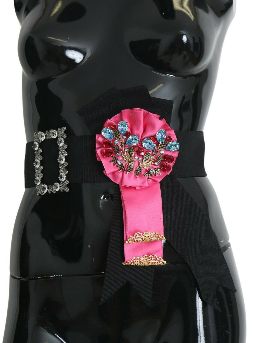 Women’s Dolce & Gabbana Black Pink Flower Brooch Crystals Cotton Belt