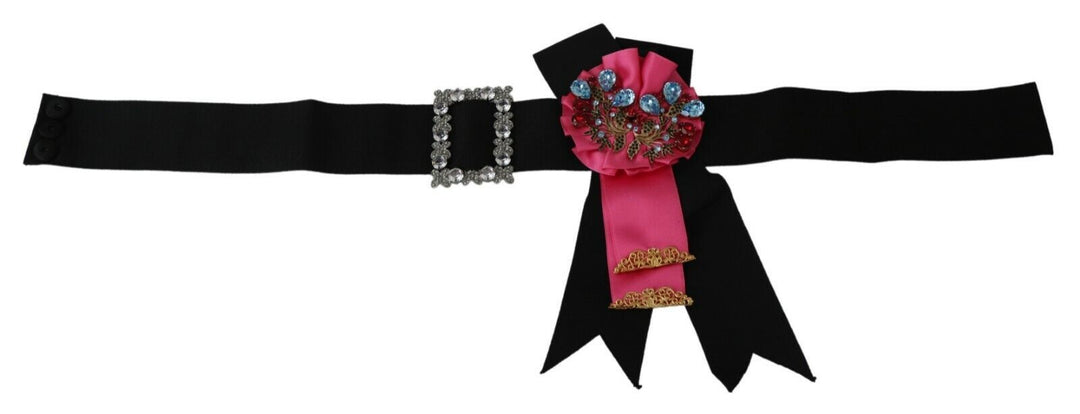 Women’s Dolce &amp; Gabbana Black Pink Flower Brooch Crystals Cotton Belt