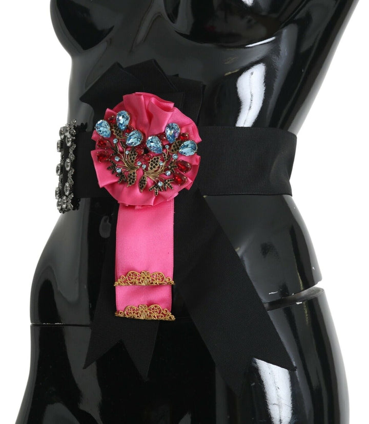 Women’s Dolce &amp; Gabbana Black Pink Flower Brooch Crystals Cotton Belt