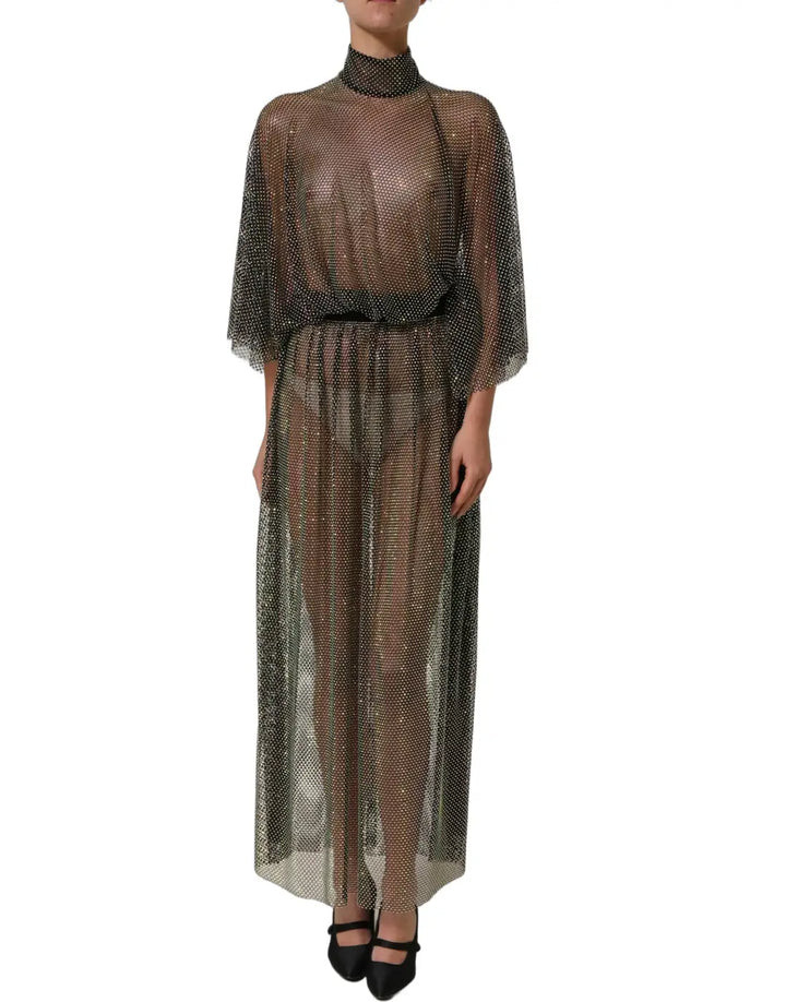 Women’s Dolce &amp; Gabbana Black Rhinestone Mesh Turtleneck Maxi Dress