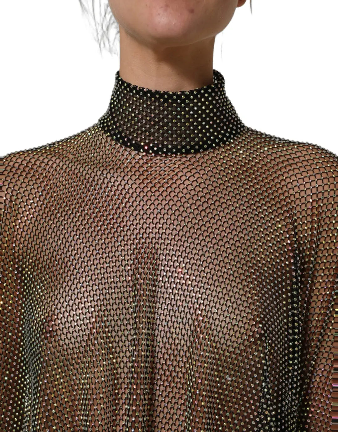 Women’s Dolce &amp; Gabbana Black Rhinestone Mesh Turtleneck Maxi Dress