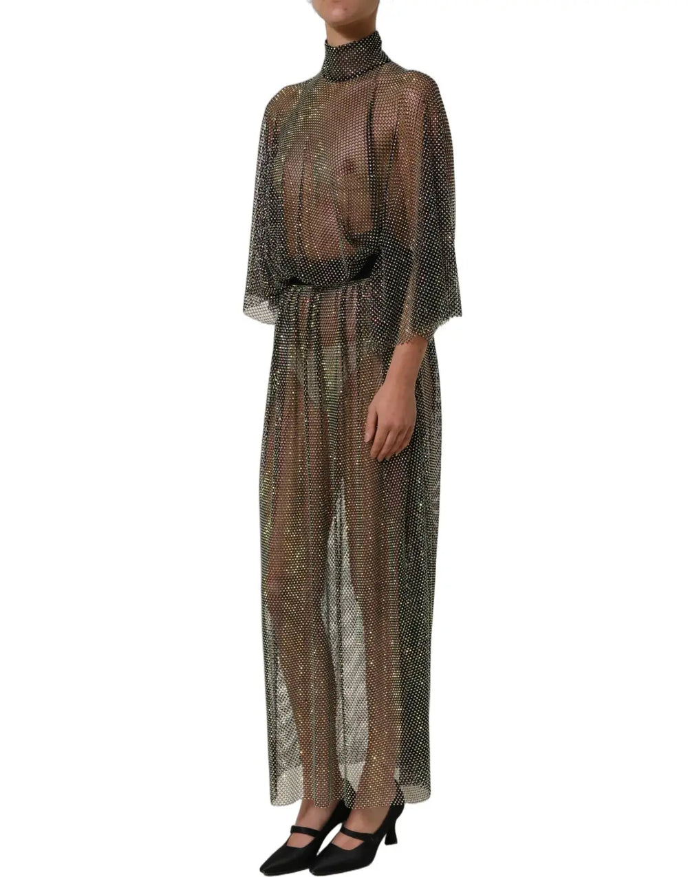 Women’s Dolce & Gabbana Black Rhinestone Mesh Turtleneck Maxi Dress