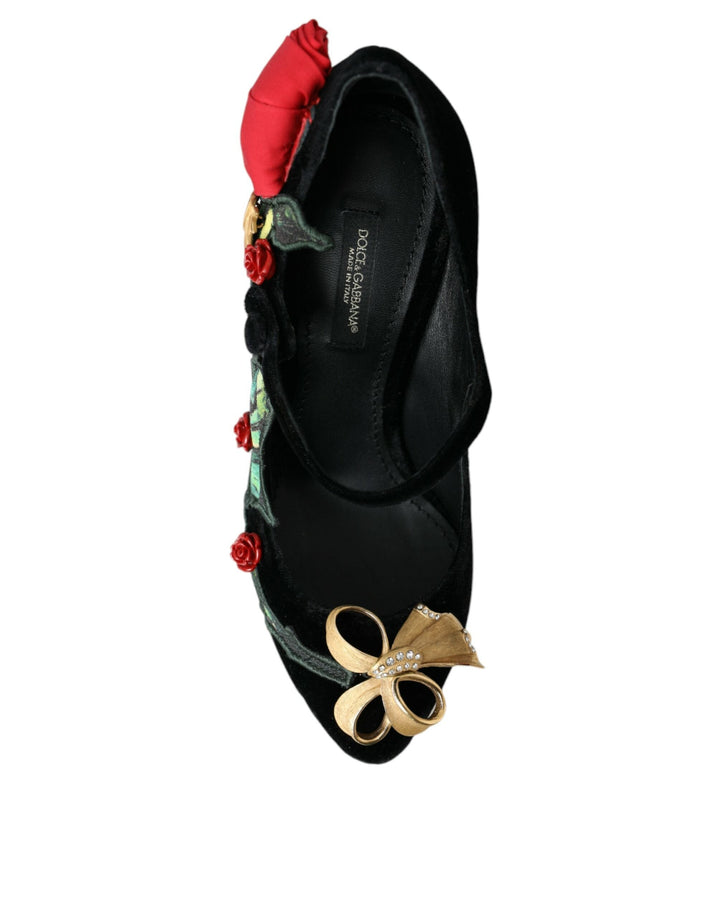 Women’s Dolce &amp; Gabbana Black Roses Crystal Brooch Mary Jane Shoes
