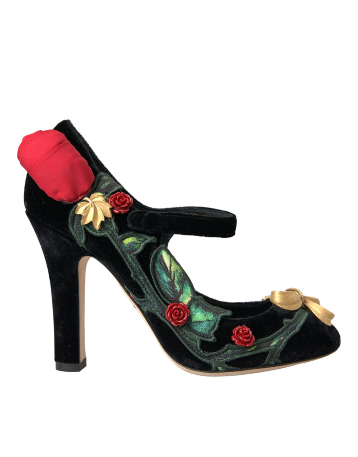 Women’s Dolce &amp; Gabbana Black Roses Crystal Brooch Mary Jane Shoes