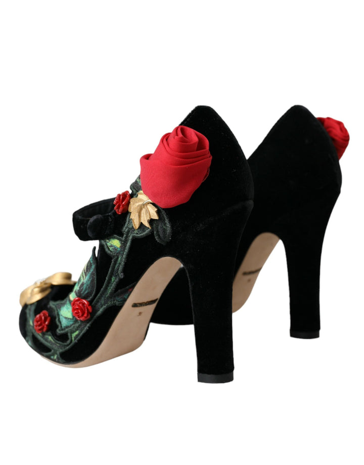 Women’s Dolce &amp; Gabbana Black Roses Crystal Brooch Mary Jane Shoes