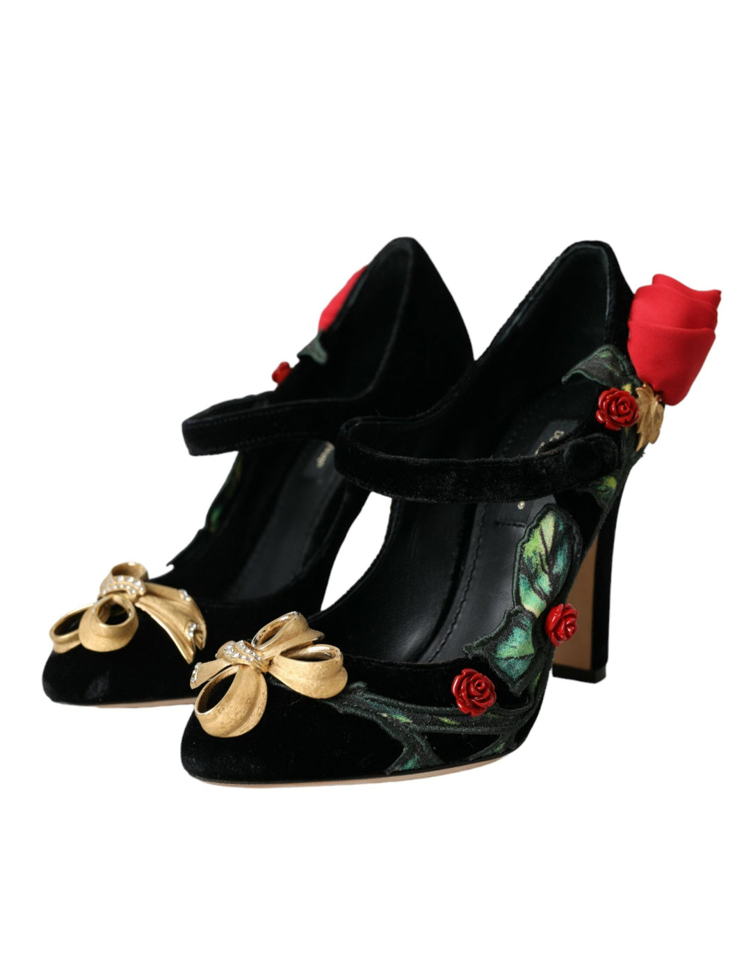 Women’s Dolce &amp; Gabbana Black Roses Crystal Brooch Mary Jane Shoes