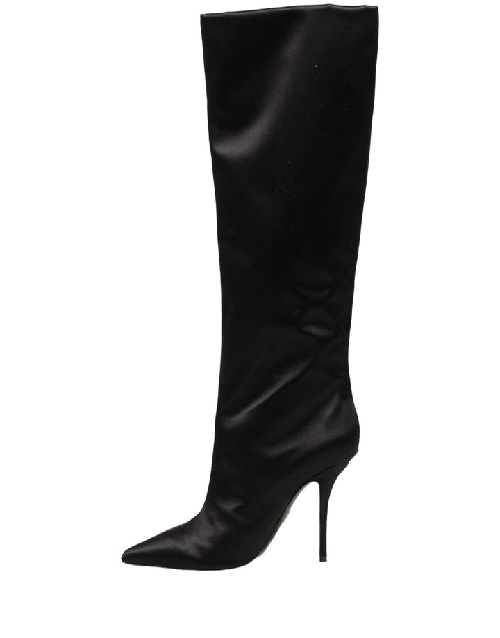 Women’s Dolce &amp; Gabbana Black Satin Knee High Stiletto Boots Shoes