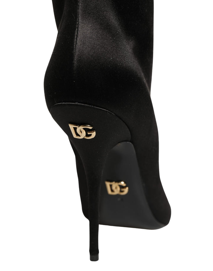 Women’s Dolce &amp; Gabbana Black Satin Knee High Stiletto Boots Shoes