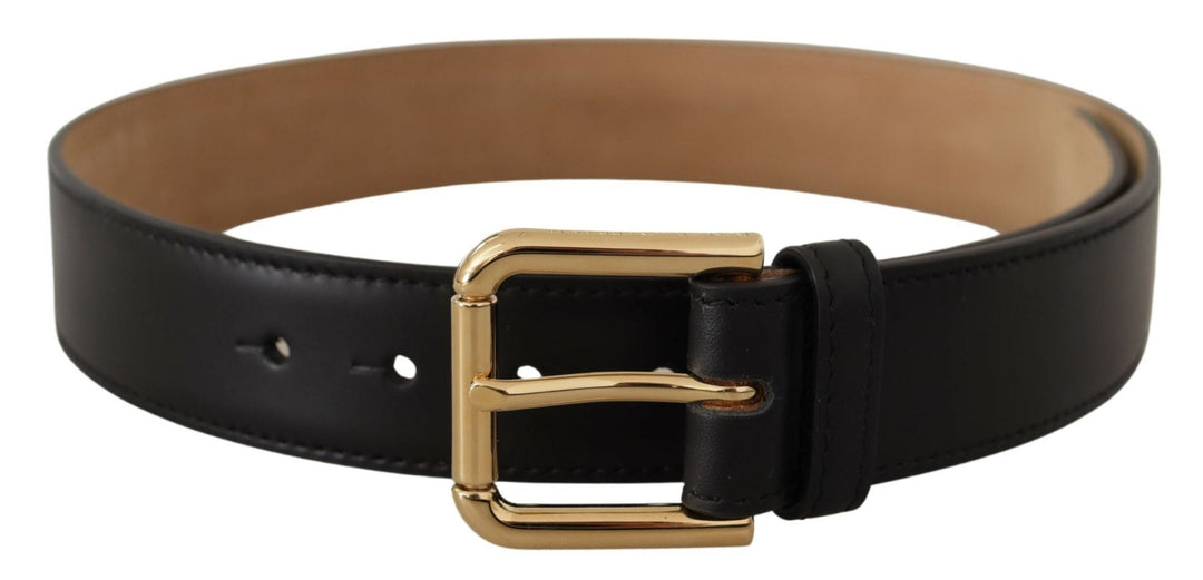 Women’s Dolce &amp; Gabbana Black Solid Leather Classic Gold Waist Buckle Belt