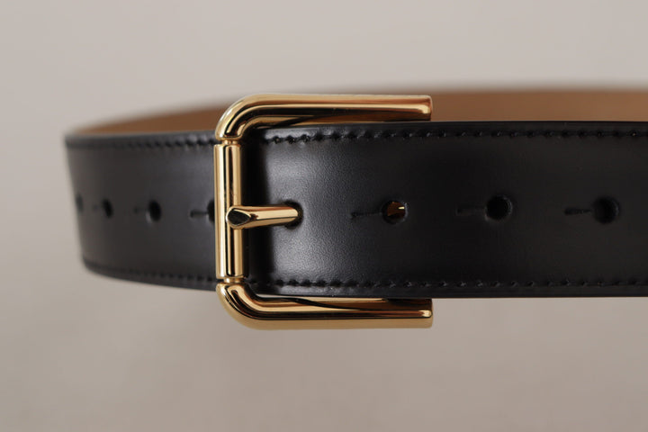 Women’s Dolce &amp; Gabbana Black Solid Leather Classic Gold Waist Buckle Belt