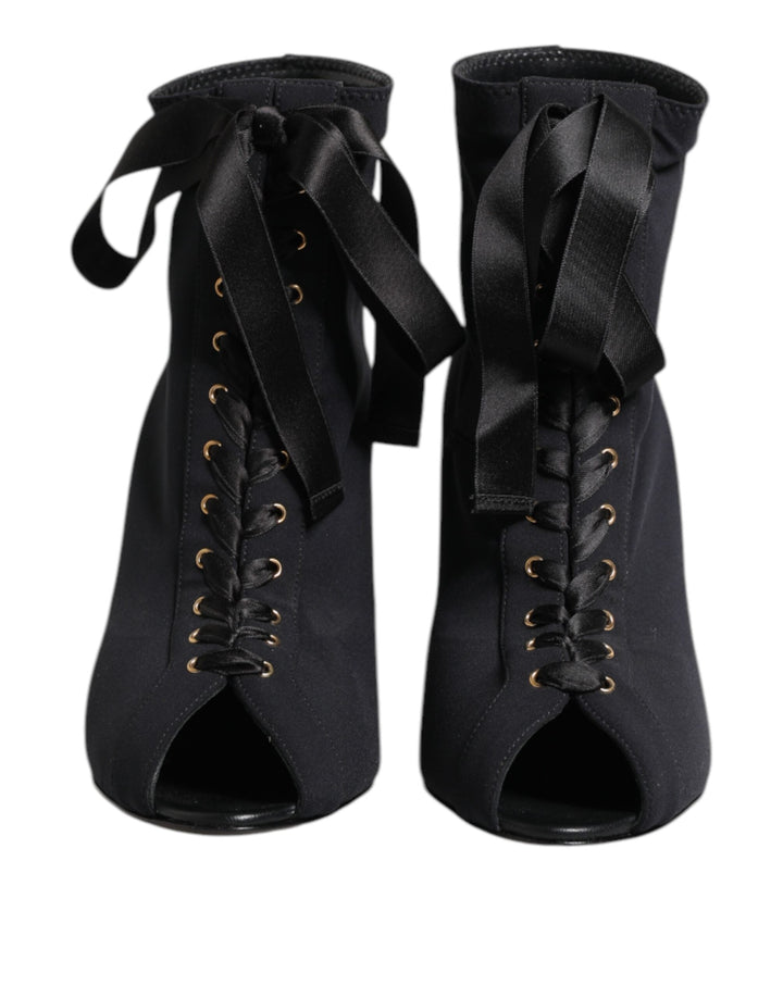 Dolce &amp; Gabbana Black Stiletto Heels Lace Up Boots Shoes