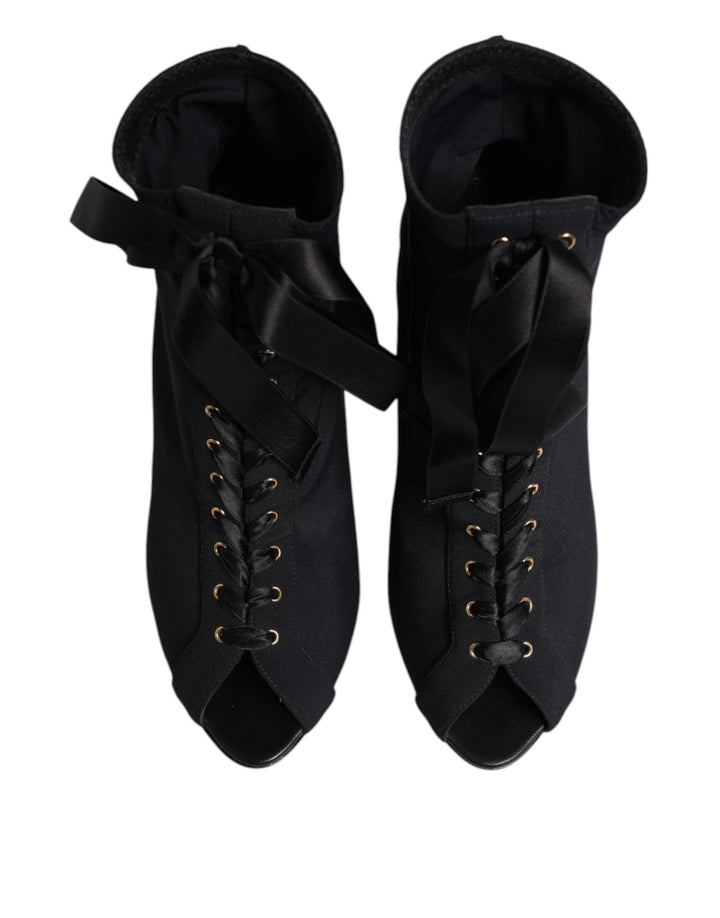 Dolce &amp; Gabbana Black Stiletto Heels Lace Up Boots Shoes