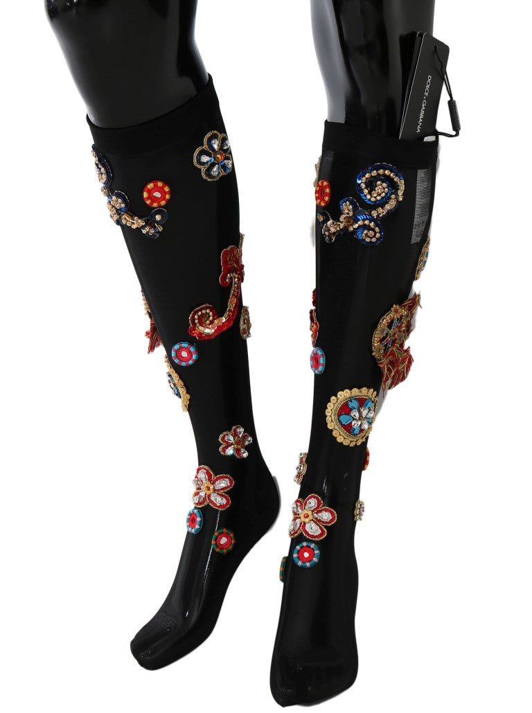 Women’s Dolce &amp; Gabbana Black Stretch Carretto Crystal Socks