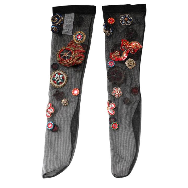 Women’s Dolce &amp; Gabbana Black Stretch Carretto Crystal Stockings Socks