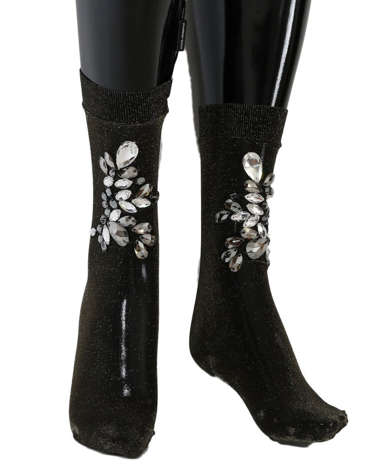 Women’s Dolce & Gabbana Black Stretch Floral Clear Crystal Socks
