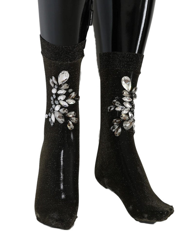 Women’s Dolce &amp; Gabbana Black Stretch Floral Clear Crystal Socks