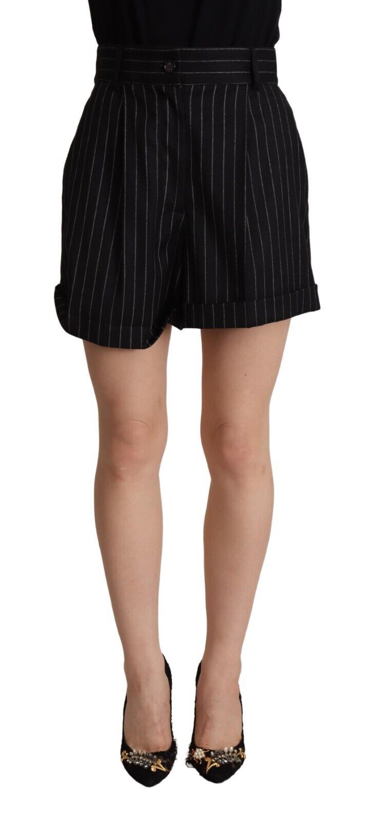 Women’s Dolce &amp; Gabbana Black Stripes Wool High Waist Trouser Bermuda Shorts
